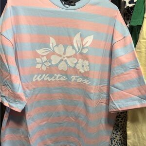 White Fox Boutique Pink and Light Blue Striped Short Sleeve Tee